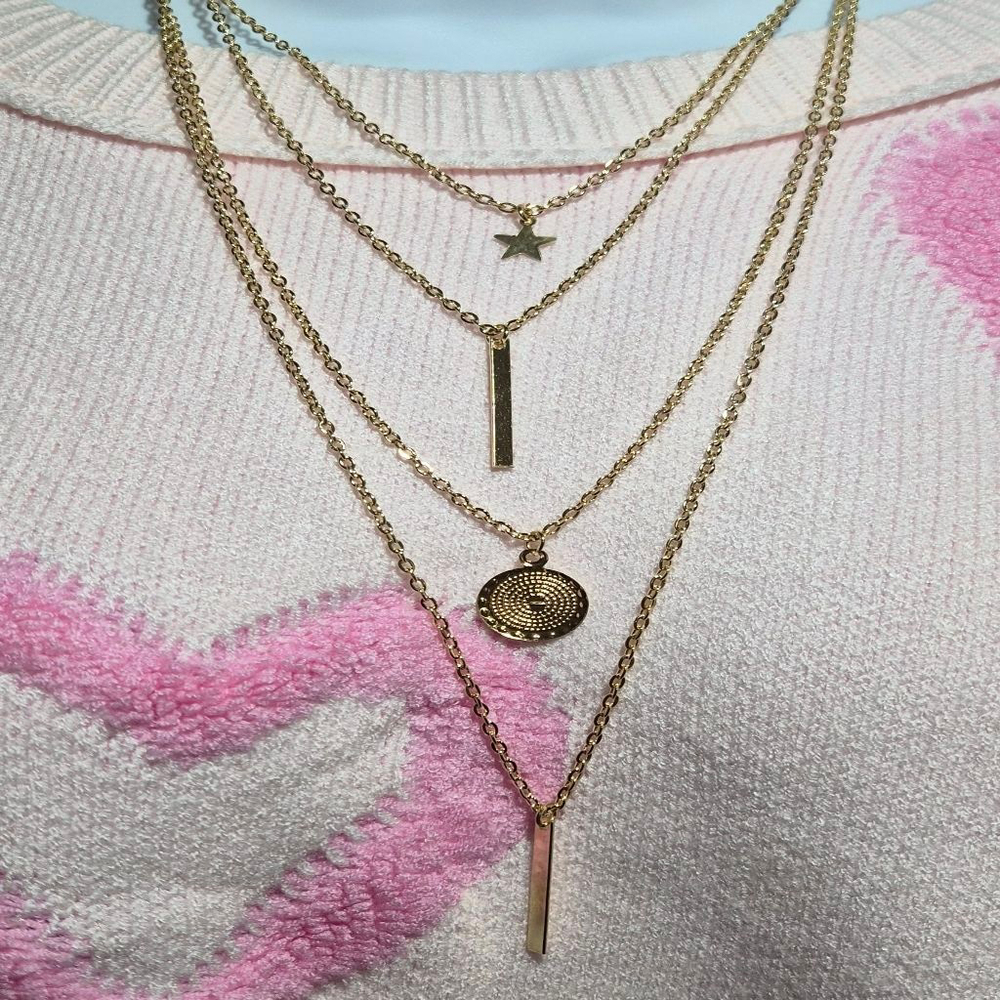 Women's Gold Layered Star Bar Coin Pendant Necklace One Size